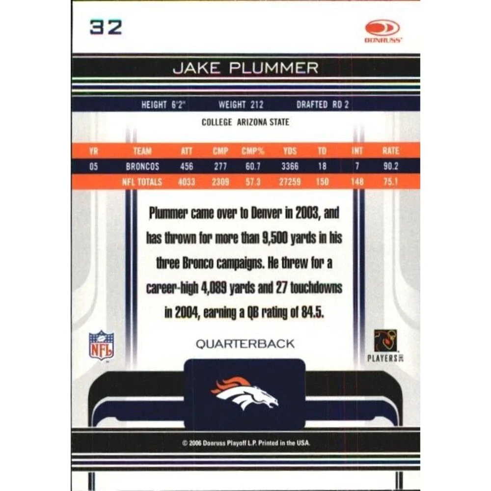 Jake Plummer Denver Broncos NFL Donruss Gridiron Gear Football Card 32 2006